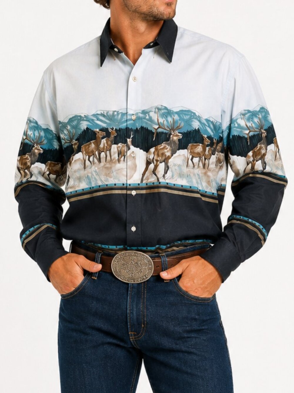 Roper Rodeo Shirt Elk Print Cowpoke Pearl Snap Button Up Deer Antler Top